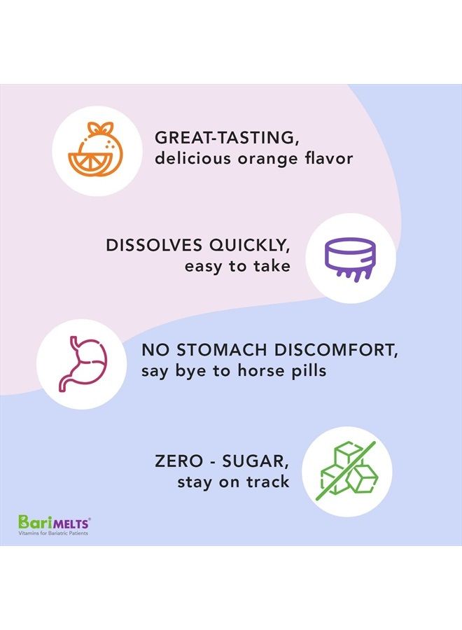 BariMelts الحديد مع فيتامين سي، فيتامينات قابلة للذوبان لعلاج السمنة لمرضى WLS بما في ذلك تحويلة المعدة وتكميم المعدة، بنكهة البرتقال الطبيعية - 90 قرصًا سريع الذوبان - Image 3